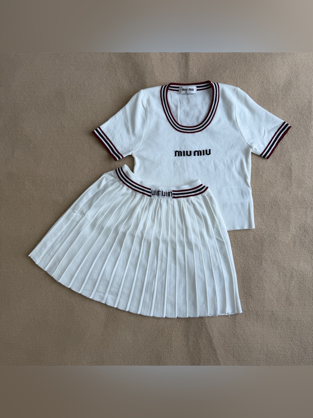 Miu Miu White Knit Two-Piece Top and Pleated Skirt with Black/Red Trim